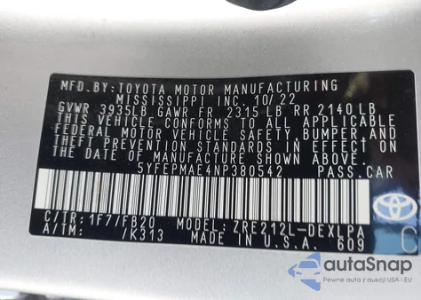 2022 Toyota Corolla Le из США, поврежденный, VIN 5YFEPMAE4NP380542